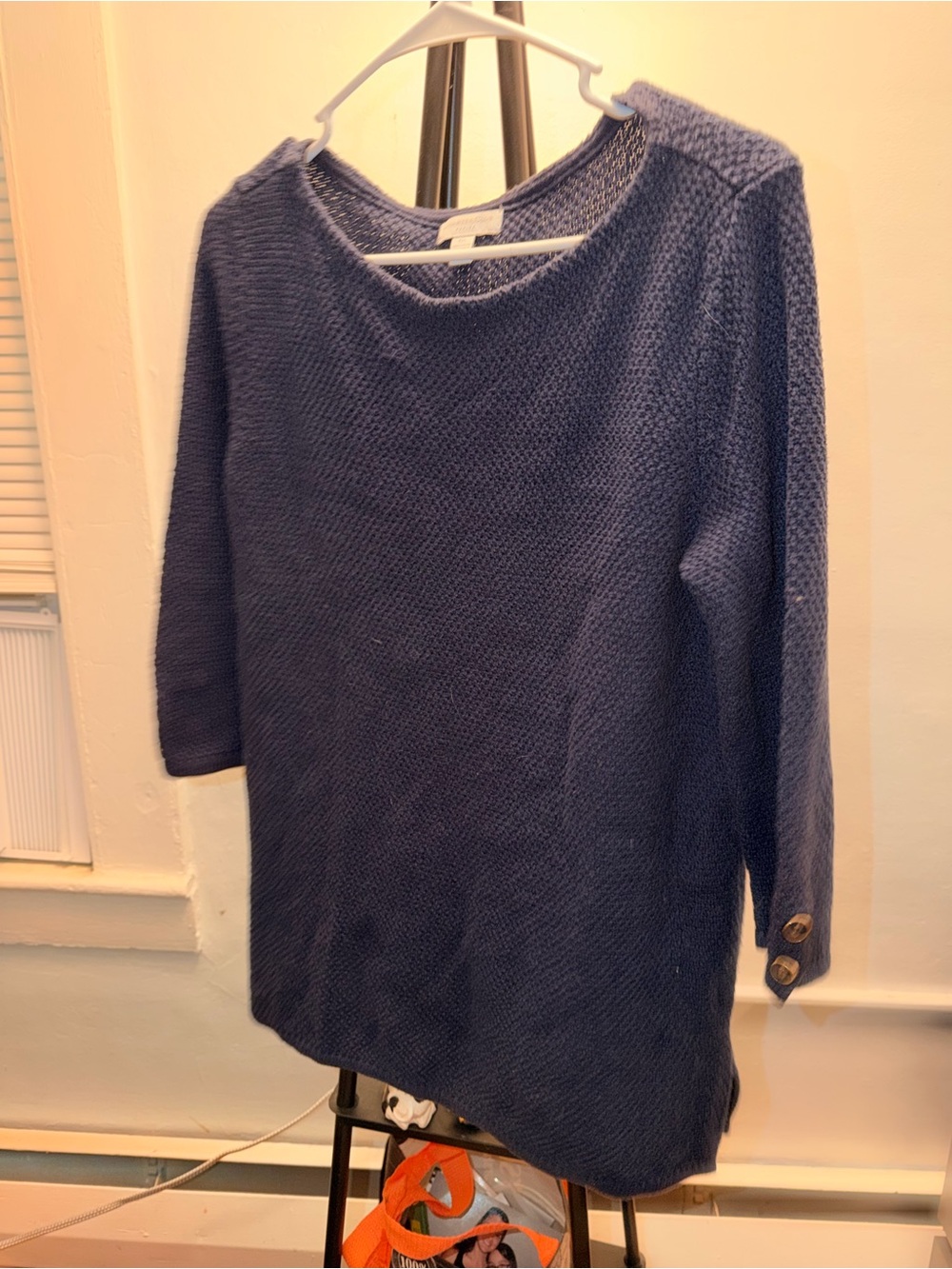 Charter Club Navy Textured Crewneck Sweater with Button Cuff
